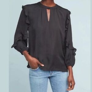 Anthropologie Dolan Ruffle Sleeve Keyhole Front Black Blouse Top Size Medium